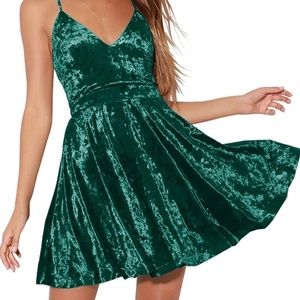 Dark Green Crushed Velvet V-Neck Spaghetti Strap Skater Dress